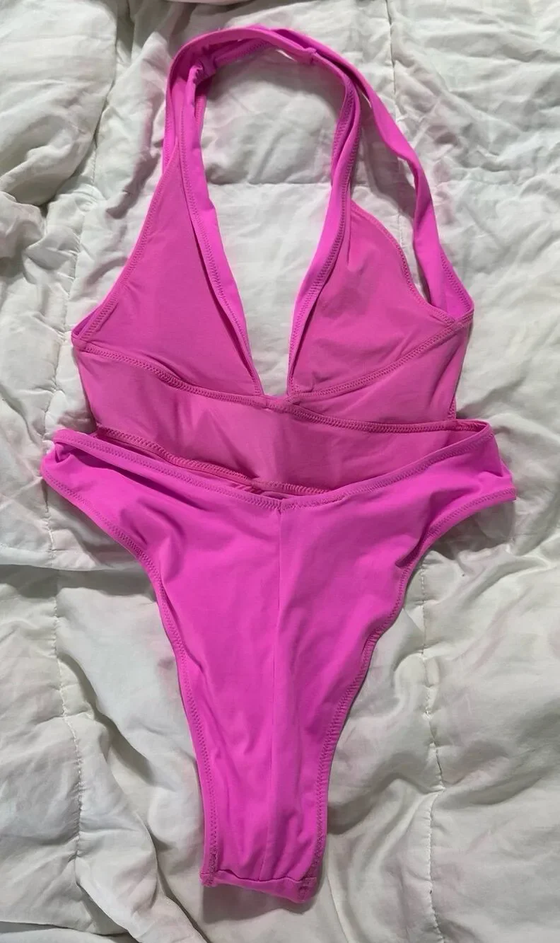 recycled swim cut out plunge Monokini Neon Orchid small